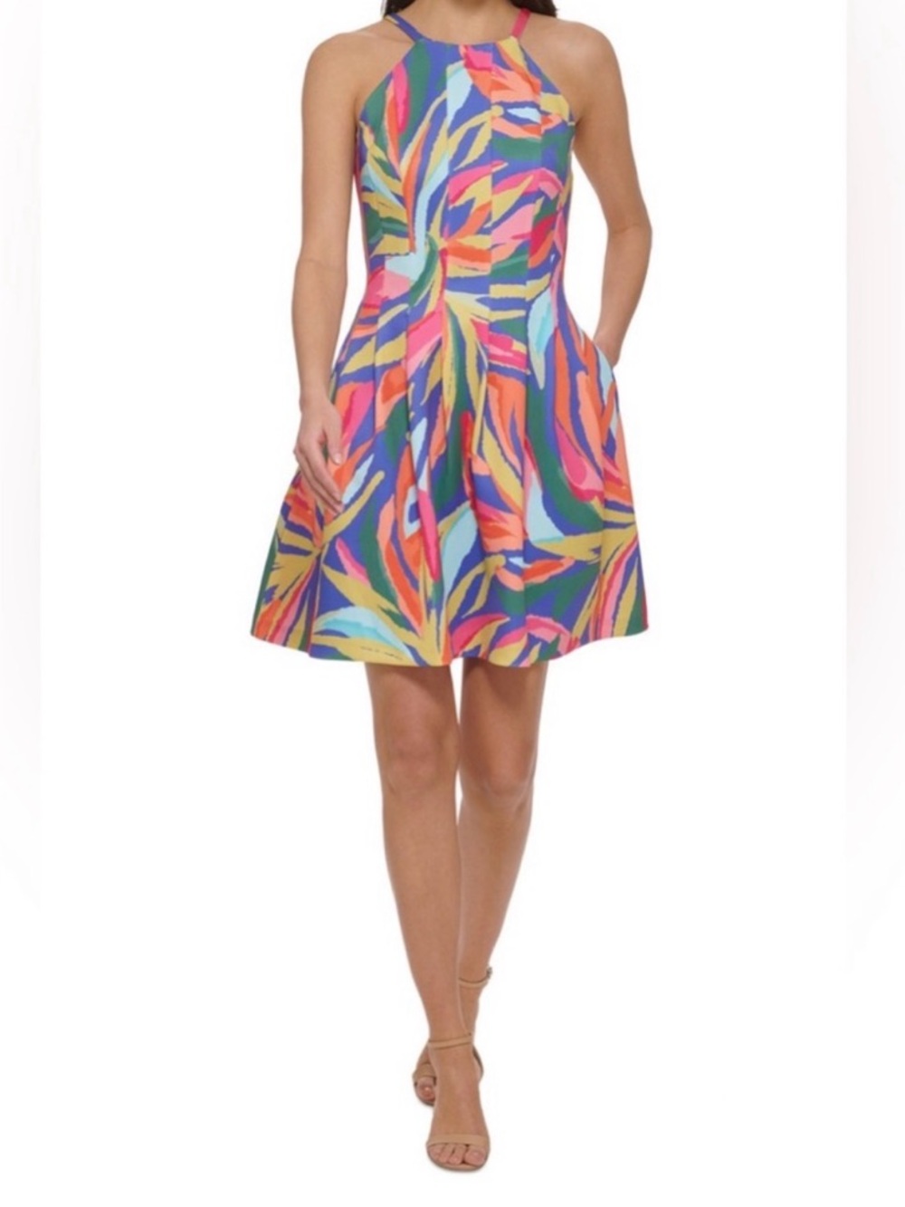 Vince Camuto Halter Multicolor Fit & Flare Pleated Dress Size 10
